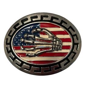 GUC Large Silver Belt Buckle American Flag Skeleton Hand Oval 4" Patriotic